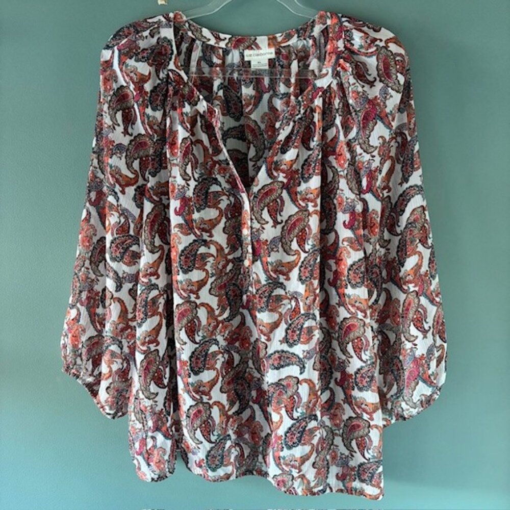 Liz Claiborne Orange Brown Paisley Floral XL Sheer Tunic Feminine Rustic Chic